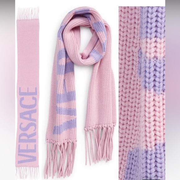 NWT Versace Intarsia Chunky Pink Light Purple Knit Wool Fringe Scarf MyTheresa - Picture 10 of 17